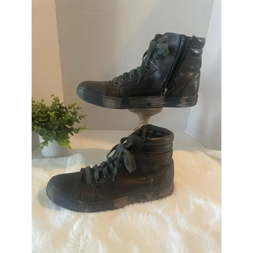 Kenneth Cole Men’s Military High Top Leather Boots Camo Sole Brown Green Size 8